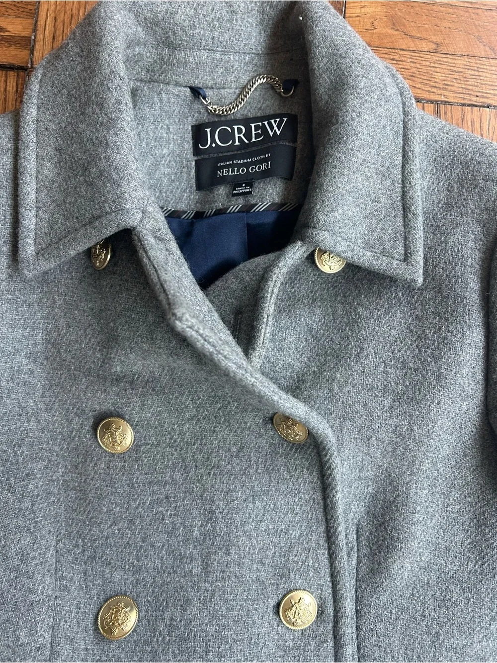 J.Crew Women's Gray Double-Breasted Wool  Stadium Cloth Coat with Gold Buttons - Picture 2 of 9